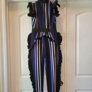 Womens Ruffled Striped Jumpsuit